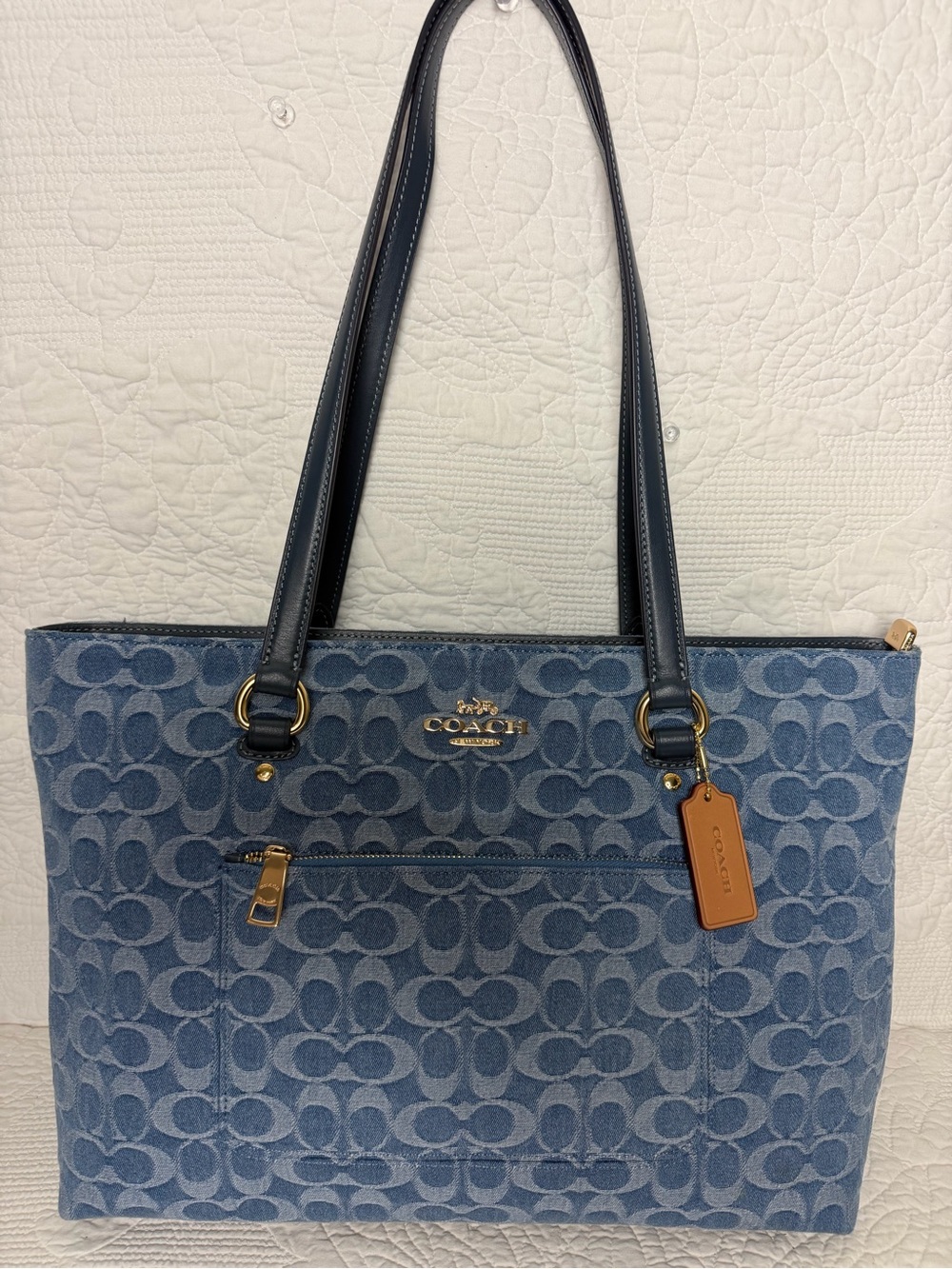 Coach Blue Signature Denim Tote with Leather Trim - Picture 1 of 8